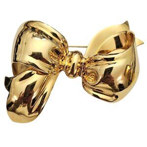 Monet Gold Tone Bow Brooch Vintage Glossy Dimensional Statement Pin Signed, C829